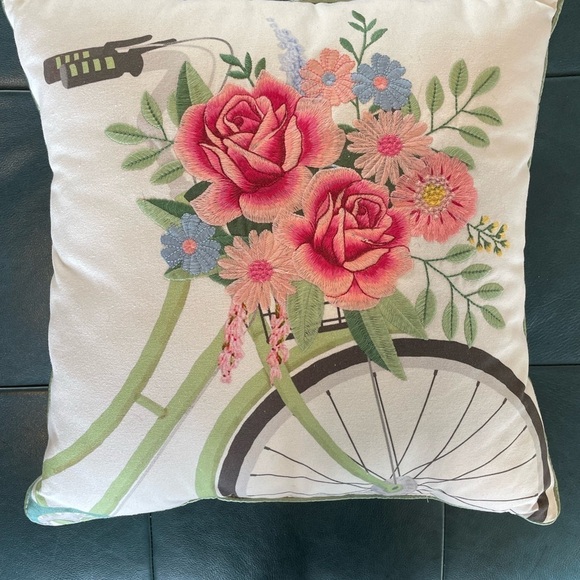 Other - Embroidered Floral Bicycle Accent Pillow 16x16